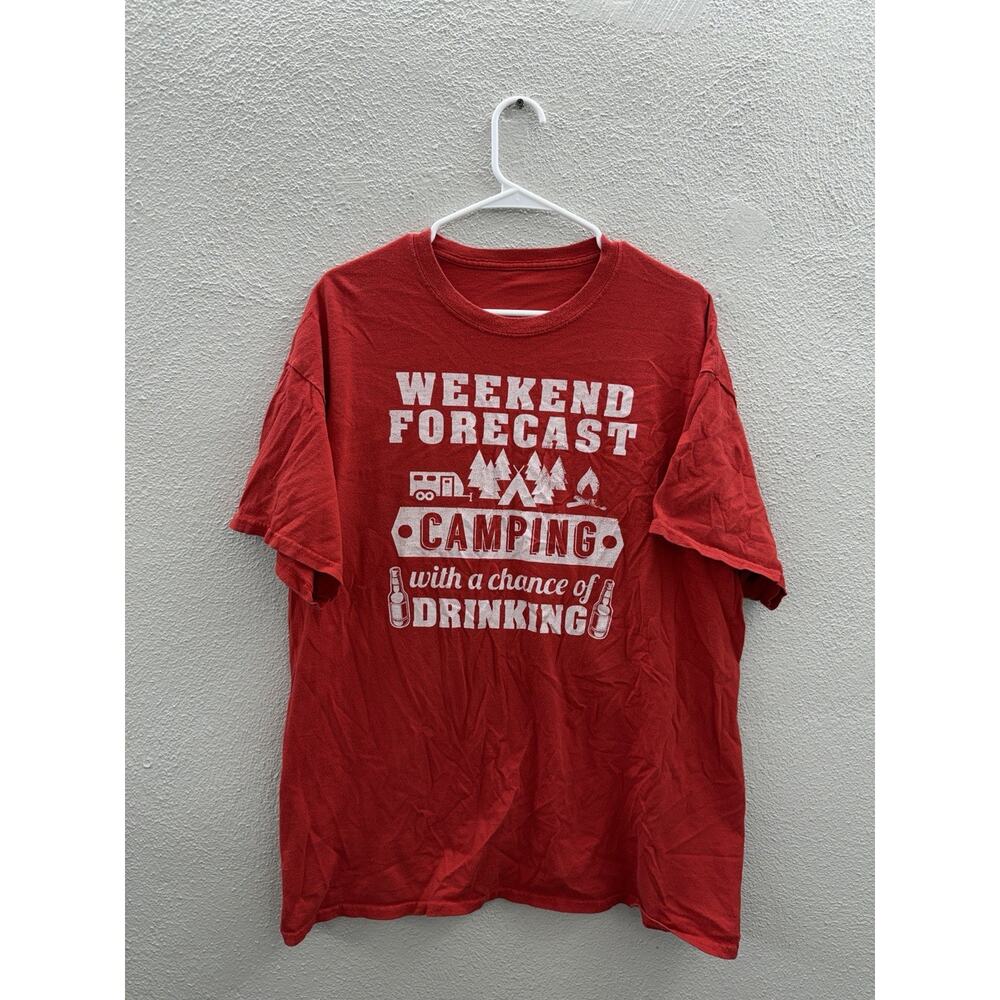 Unbranded Mens T-Shirt Short Sleeve Red Weekend Forecast Camping and Drinking